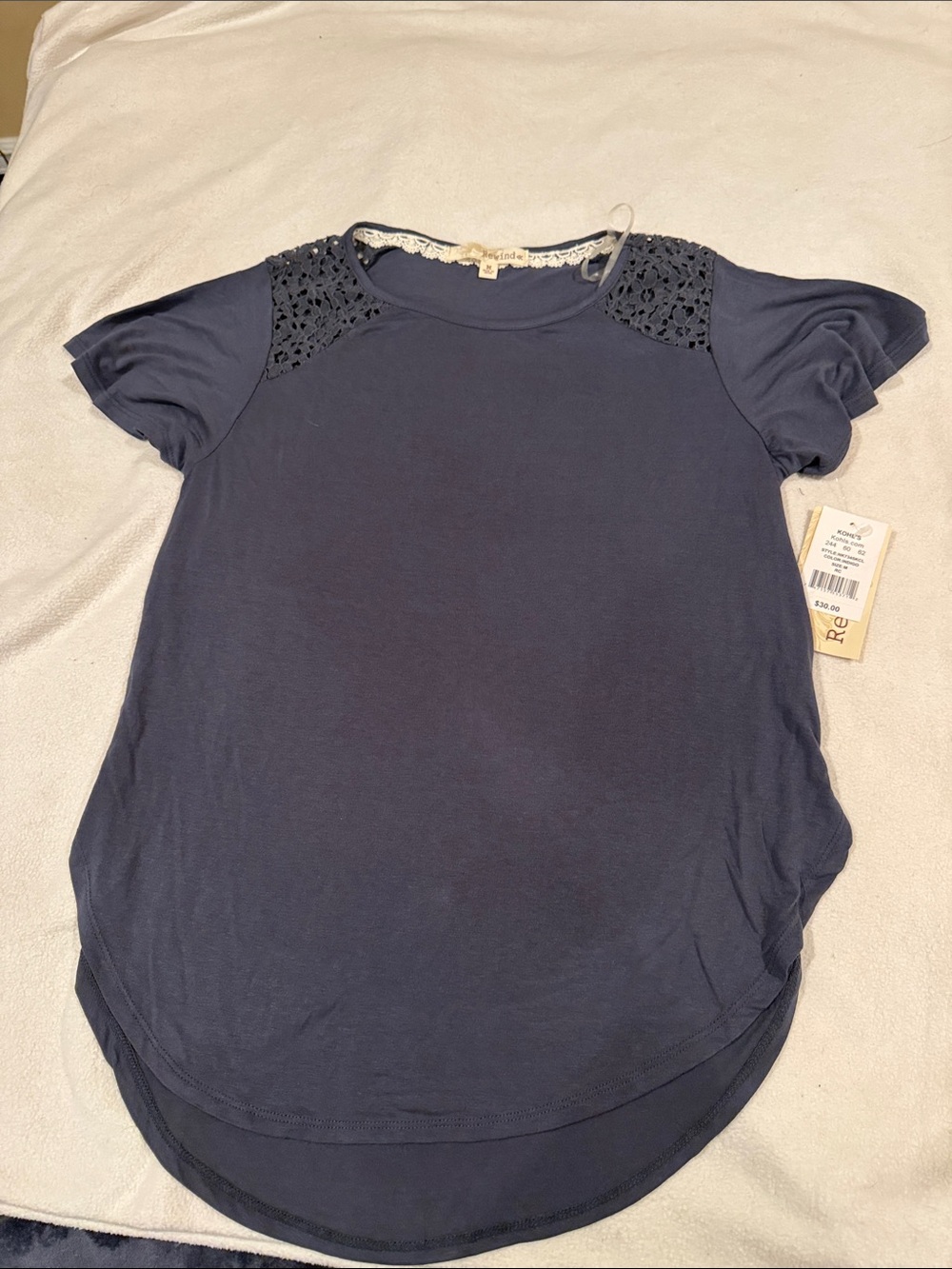 Kohl's Navy Short Sleeve Top with Lace Shoulder Detail
